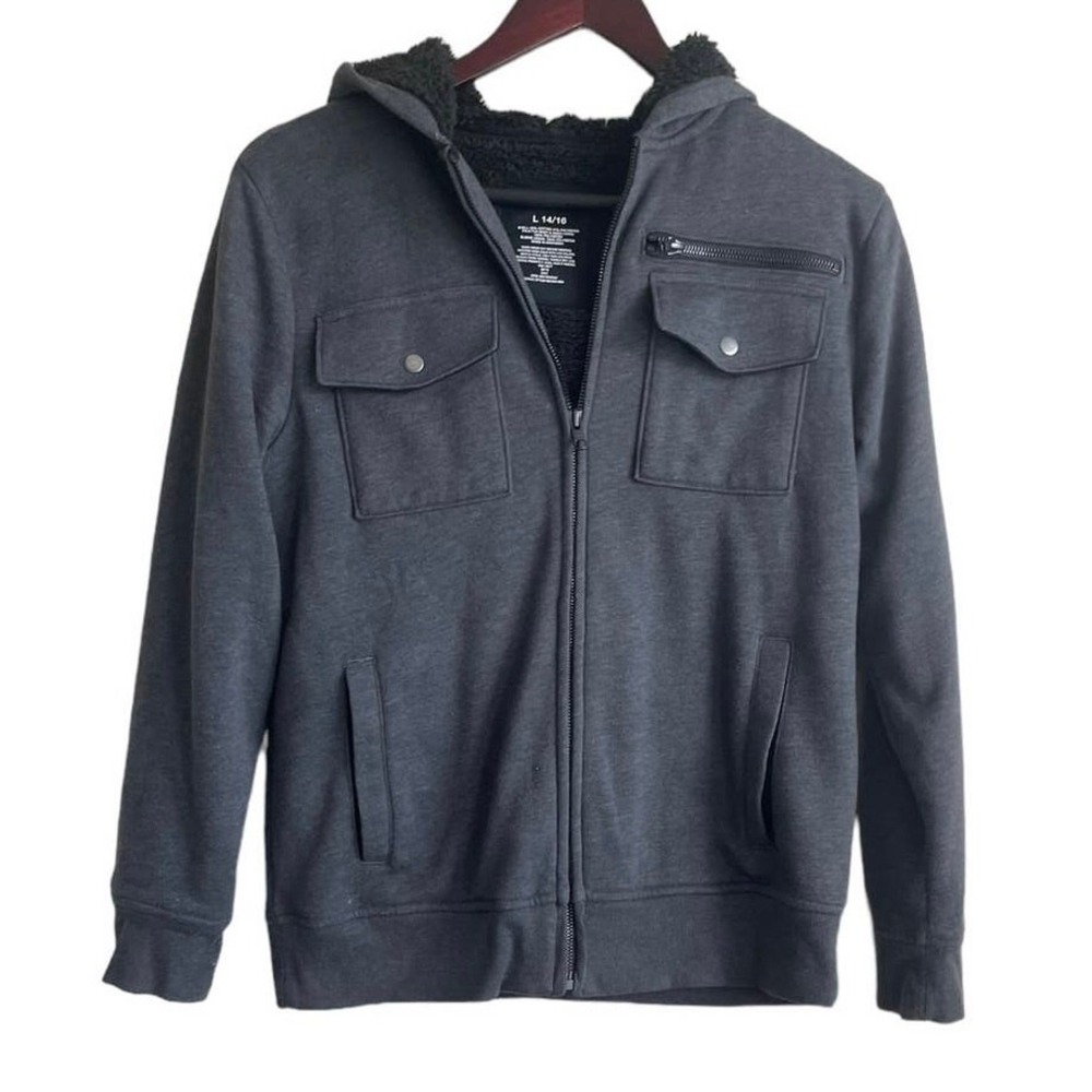 Sonoma Jacket Women 14/16‎ Gray Fleece Hooded Full Front Zip Minimalistic Coat